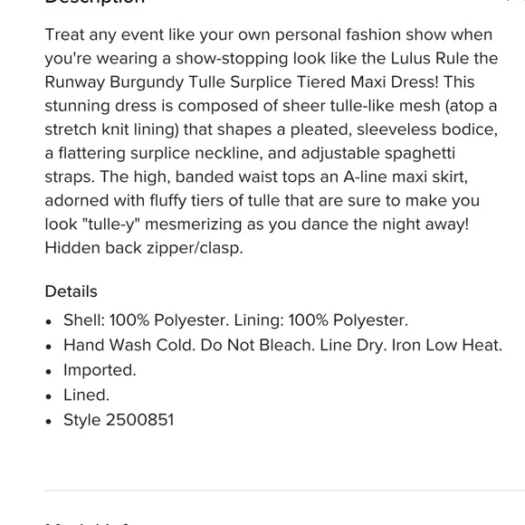 Lulus Rule The Runway Burgundy Tulle Surplice Tiered Maxi Dress Small NWT - Picture 15 of 15